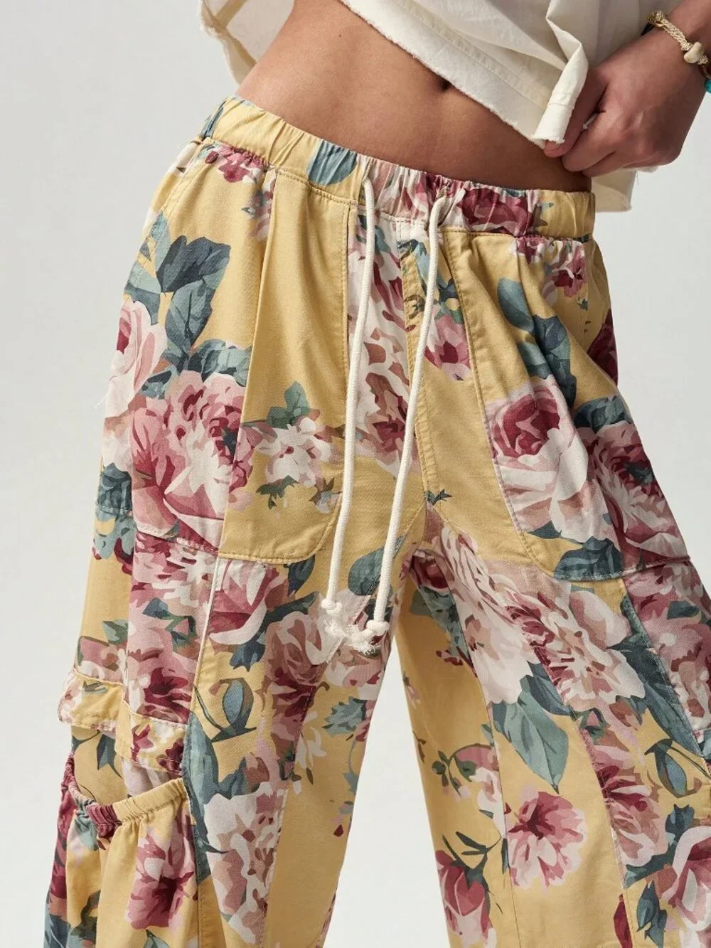 Yellow Casual Women's Woven Printed Loose Long Pants